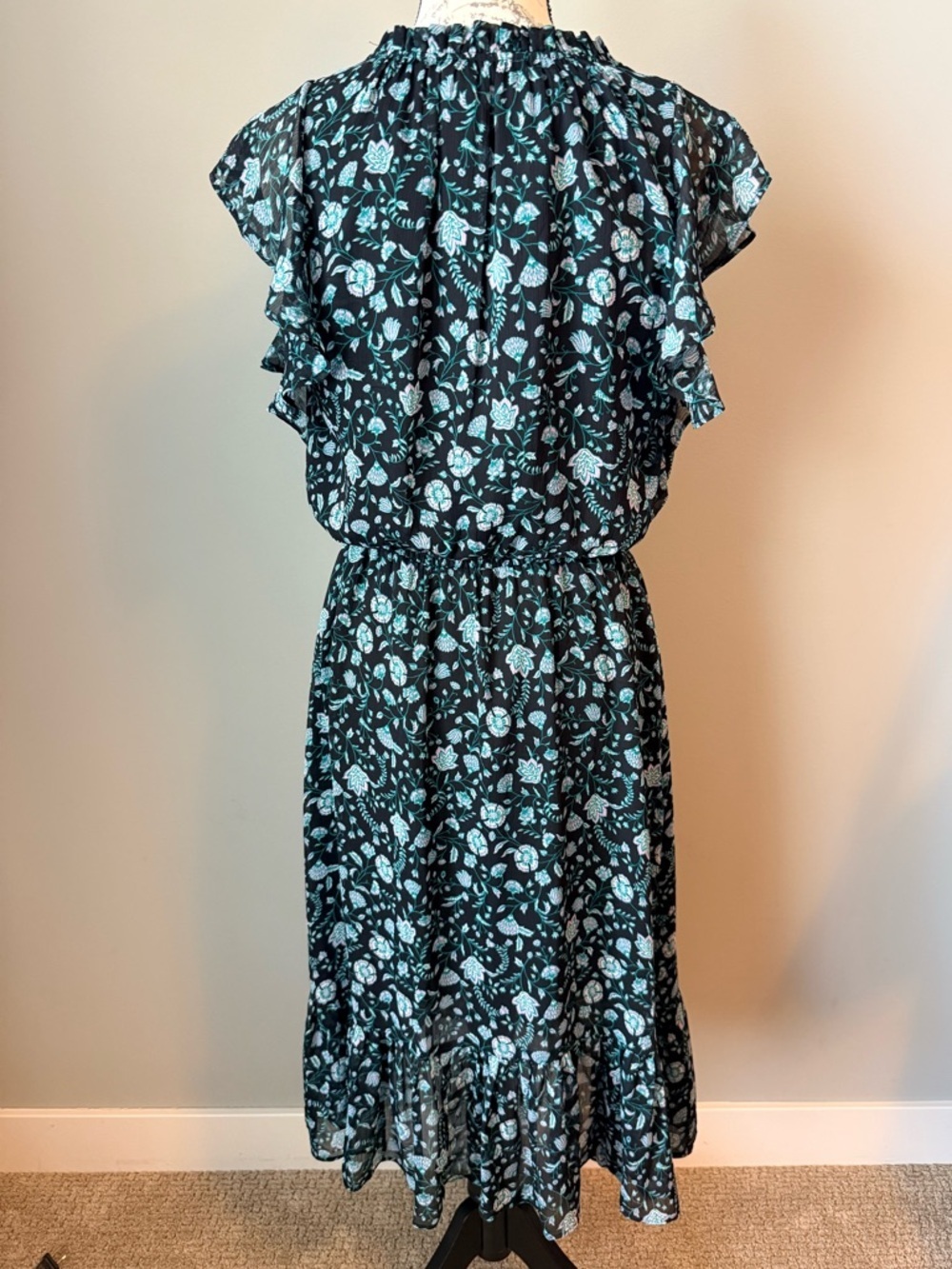 Draper James Floral Ruffle Sleeve Midi Dress Blue Black Cinched Waist Boho Small - Picture 3 of 5